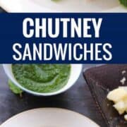 Chutney sandwiches on a platter with green chutney on the side