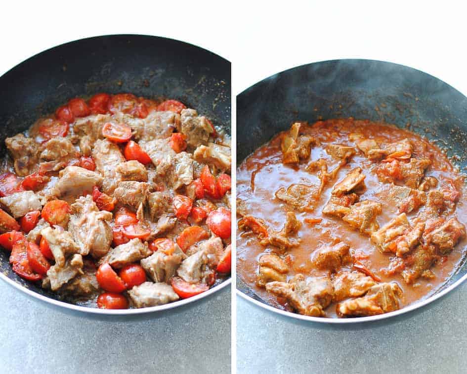 lamb cooking with tomatoes in a wok