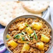 mince with potatoes in dish with naan and onions on the side