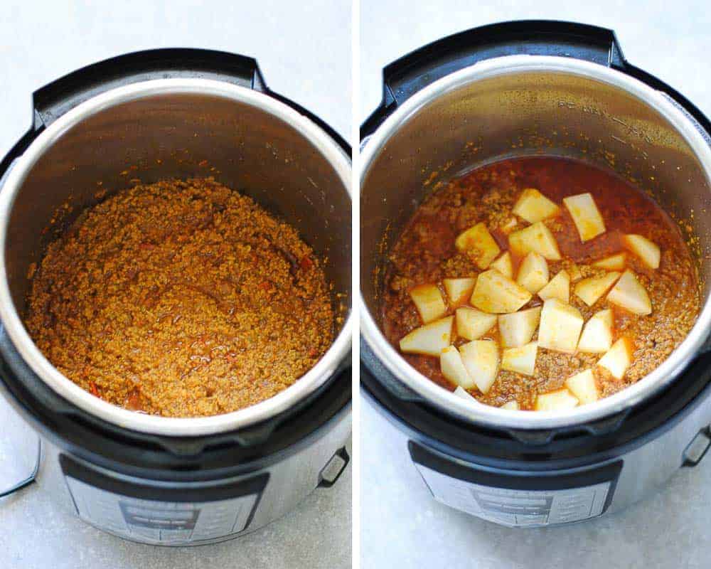 adding potatoes to sauteed keema in instant pot