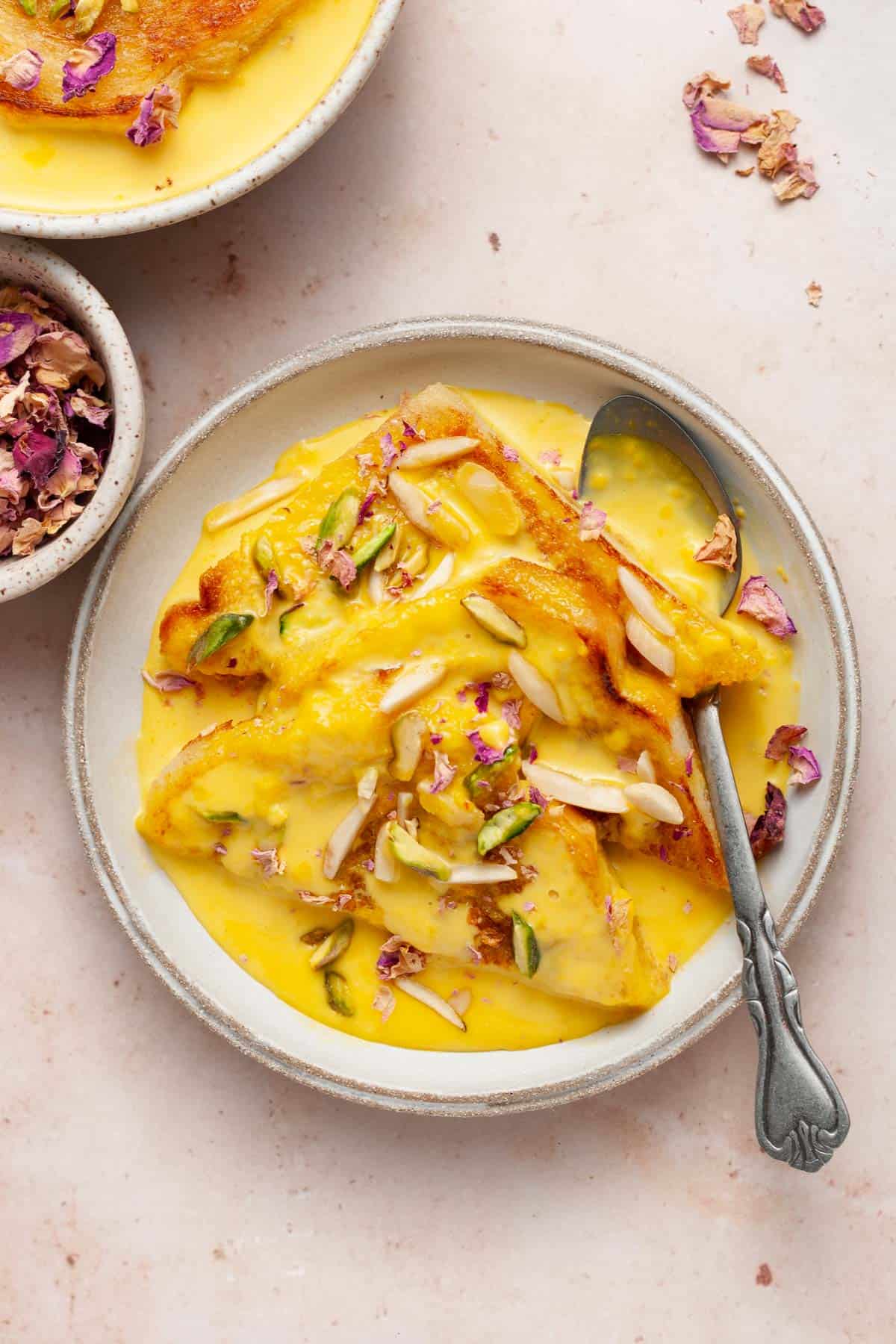 Shahi Tukray (Indian Bread Pudding) in a plate.