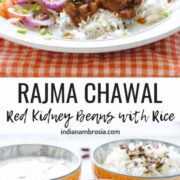 Rajma chawal (Red kidney beans with rice) on a plate and in bowls