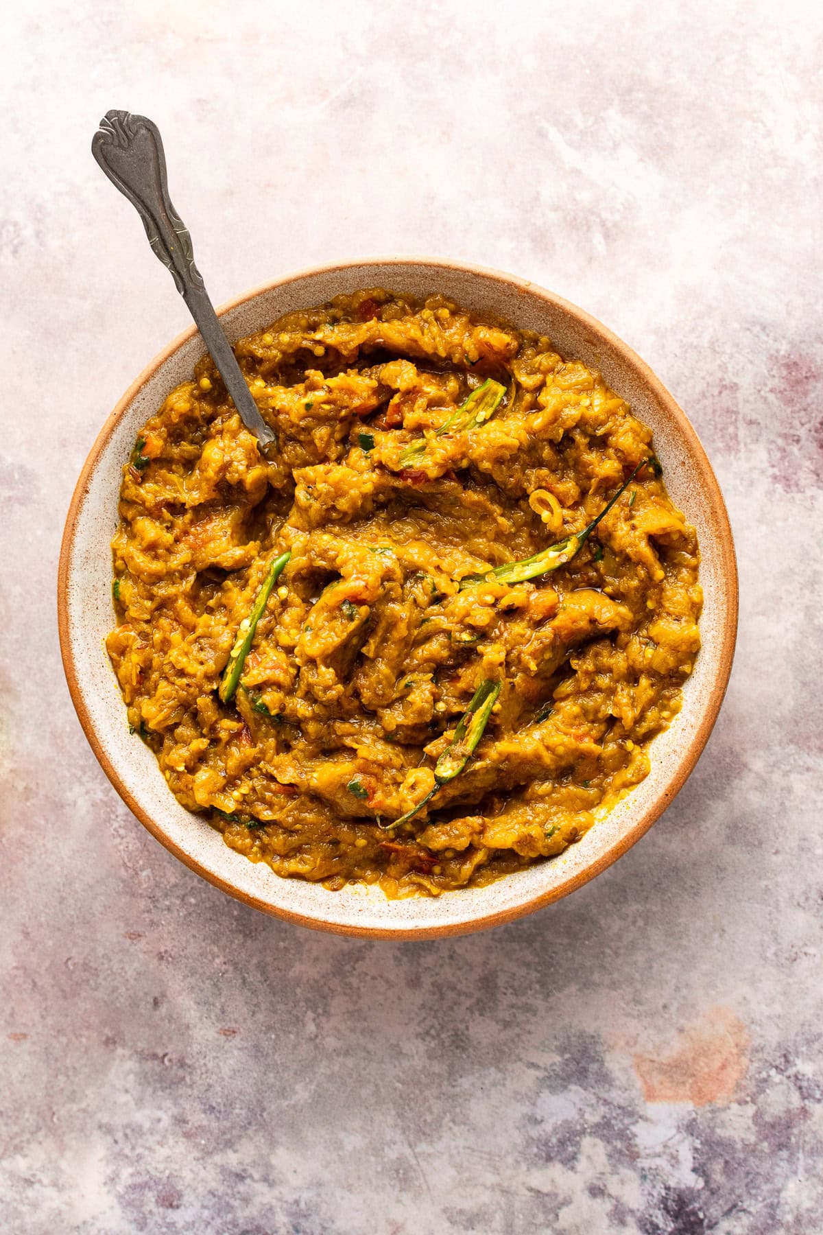 baingan bharta (roasted eggplant in a mash) in a bowl