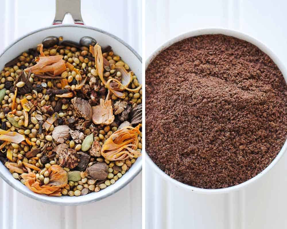 whole spices in a pan and spice powder in a white bowl
