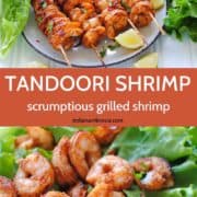 tandoori shrimp on a bed of lettuce and lemon wedges