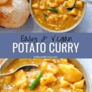 potato curry in a bowl with poori (fried Indian bread) on the side