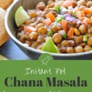 chana masala in a bowl with poori on the side