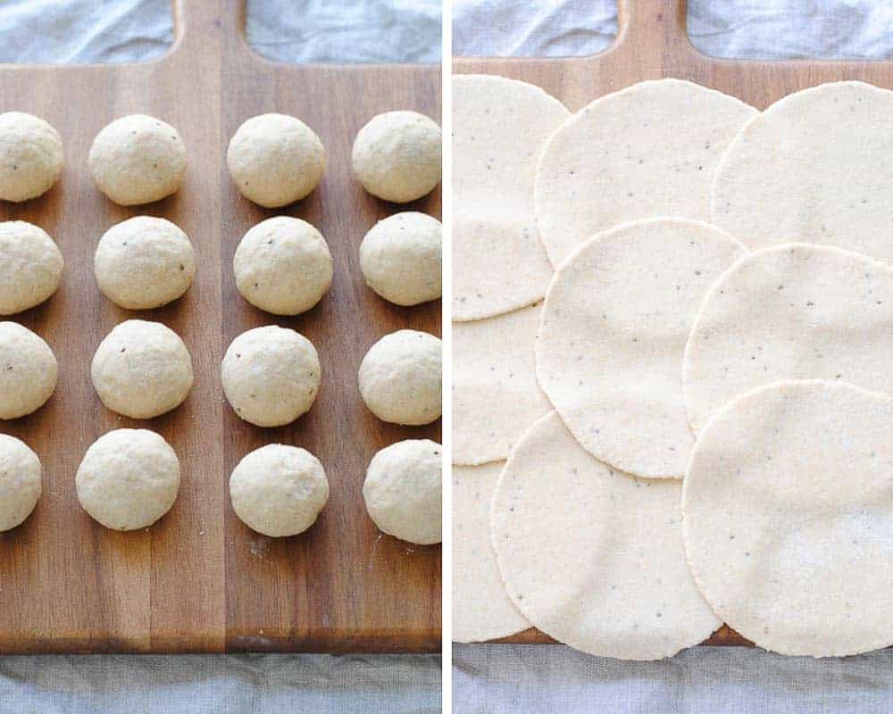 poori recipe steps - balls of dough being shaped into flat discs