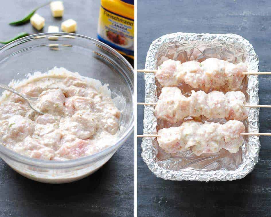 chicken marinating in a glass bowl and chicken pieces on skewers