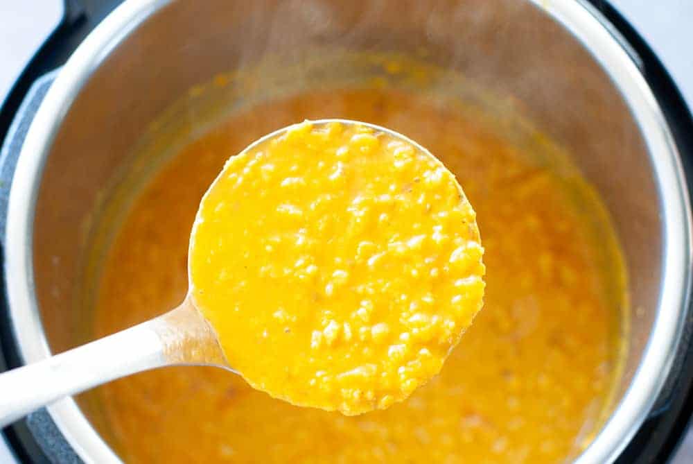dal in a spoon over the instant pot