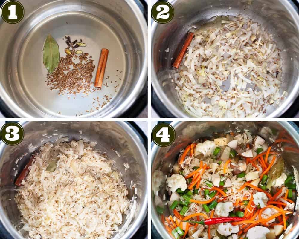 making vegetable pulao in the instant pot steps