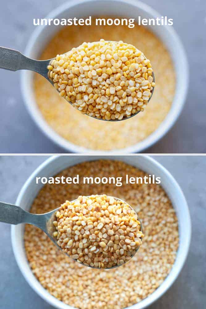 unroasted and roasted moong lentils in two spoons
