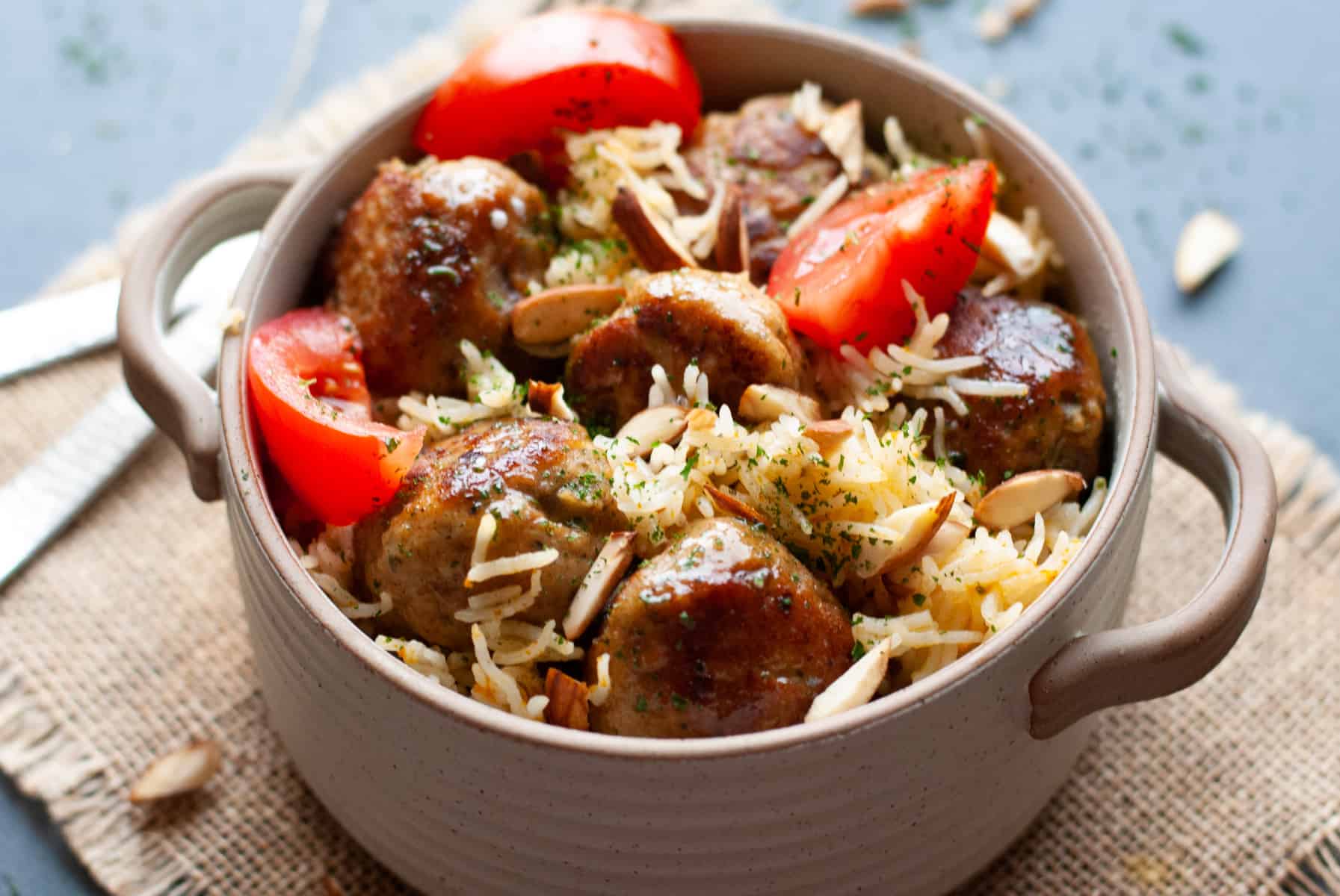chicken meatballs with rice in bowl