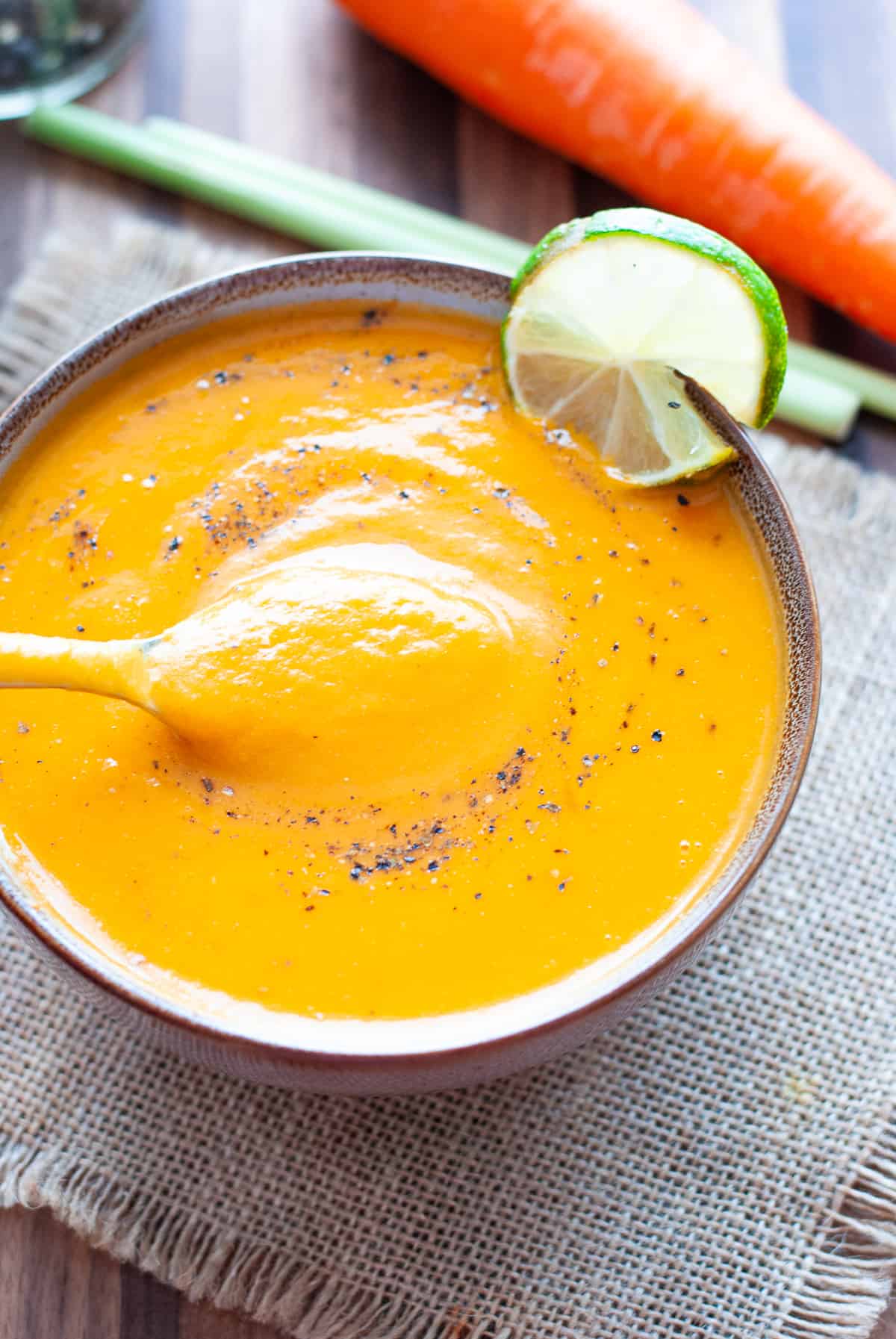 butternut squash and carrot soup in bowl