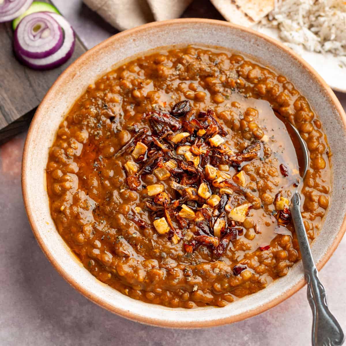 brown lentil curry in bowl