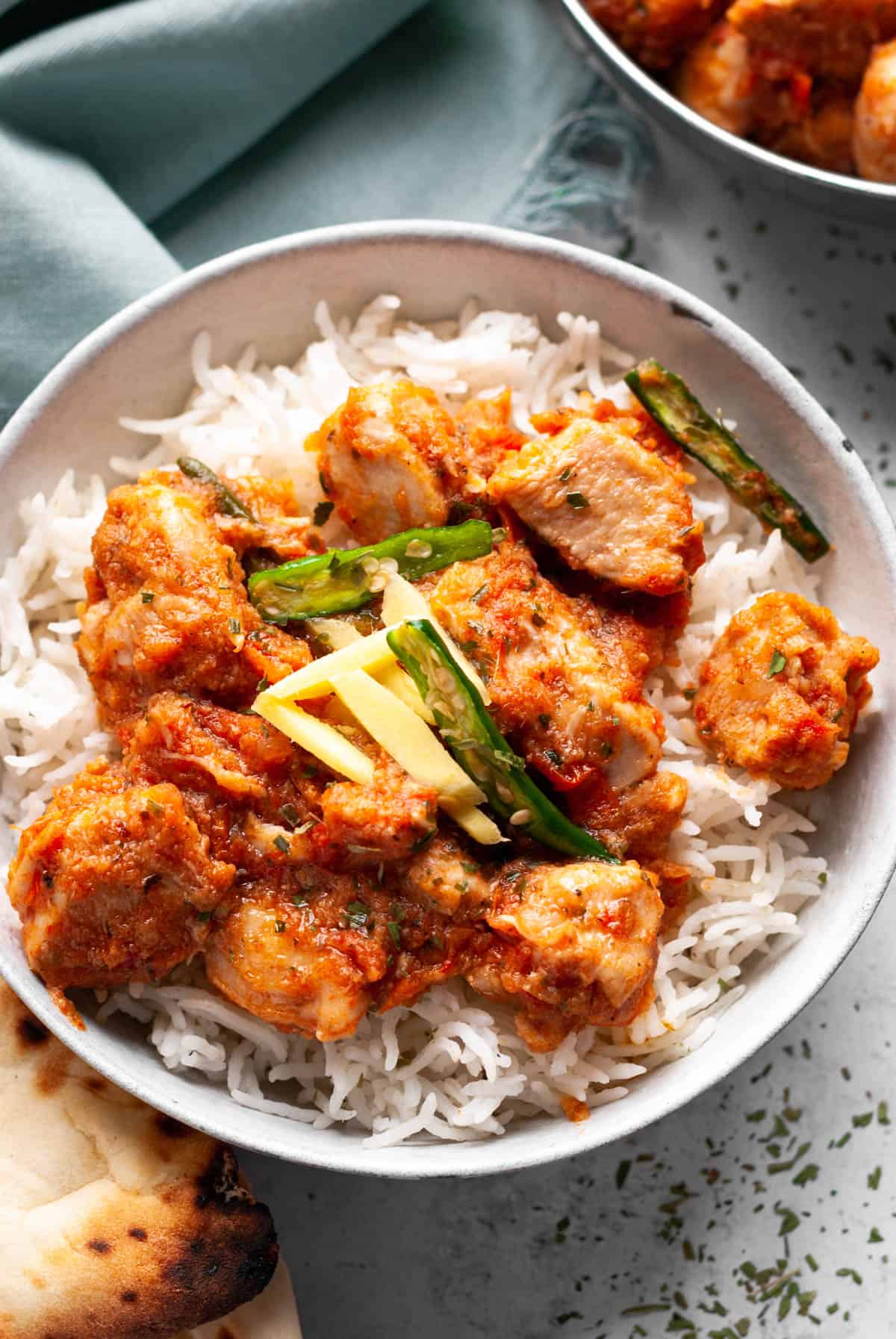 Karahi Chicken in bowl over rice