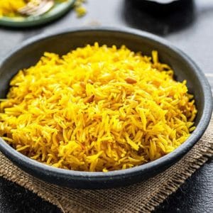 Saffron rice in a bowl.