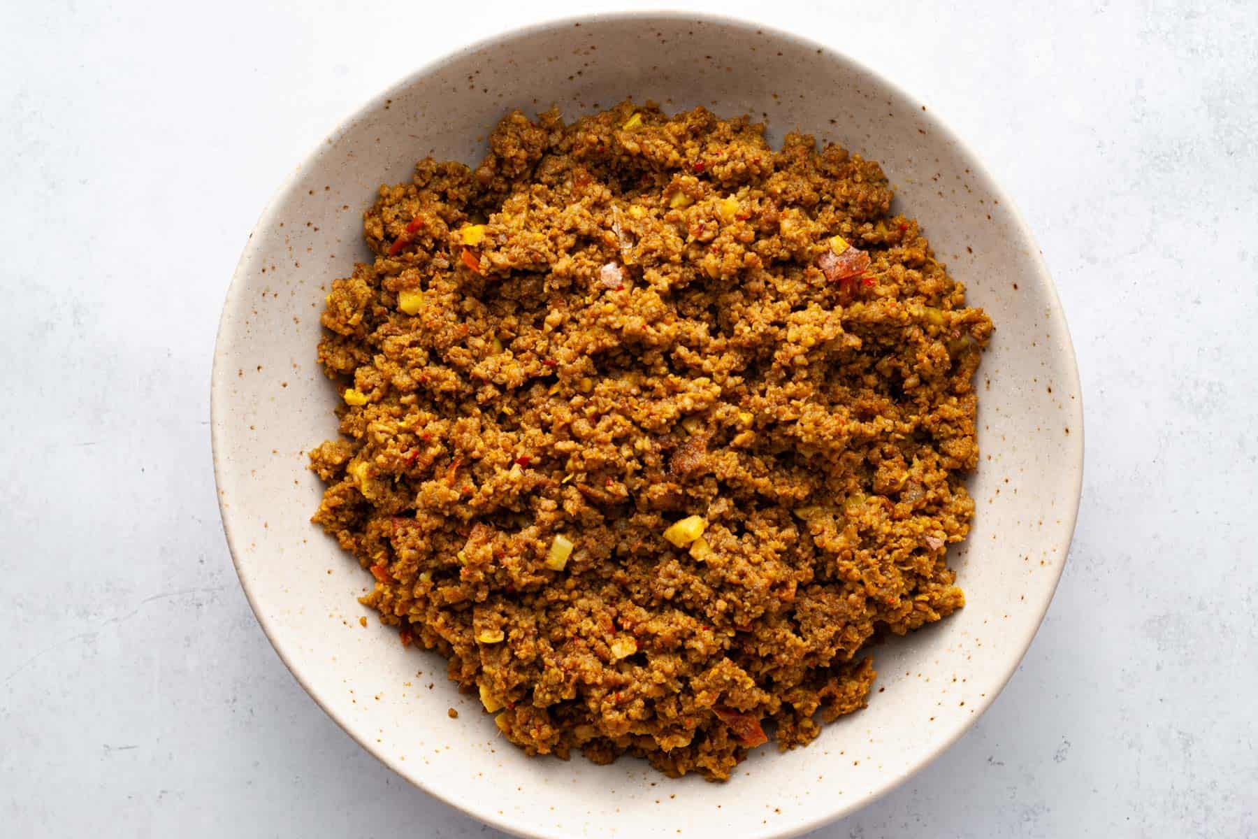Dry cooked keema in bowl.