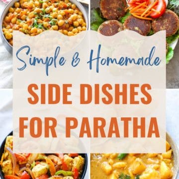 Side dishes for paratha. Clockwise: chole, shami kabab, paneer jalfrezi, and aloo curry.