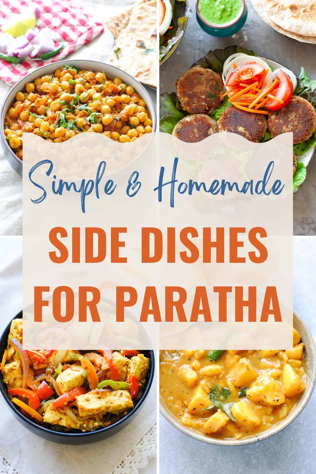 Side dishes for paratha. Clockwise: chole, shami kabab, paneer jalfrezi, and aloo curry.
