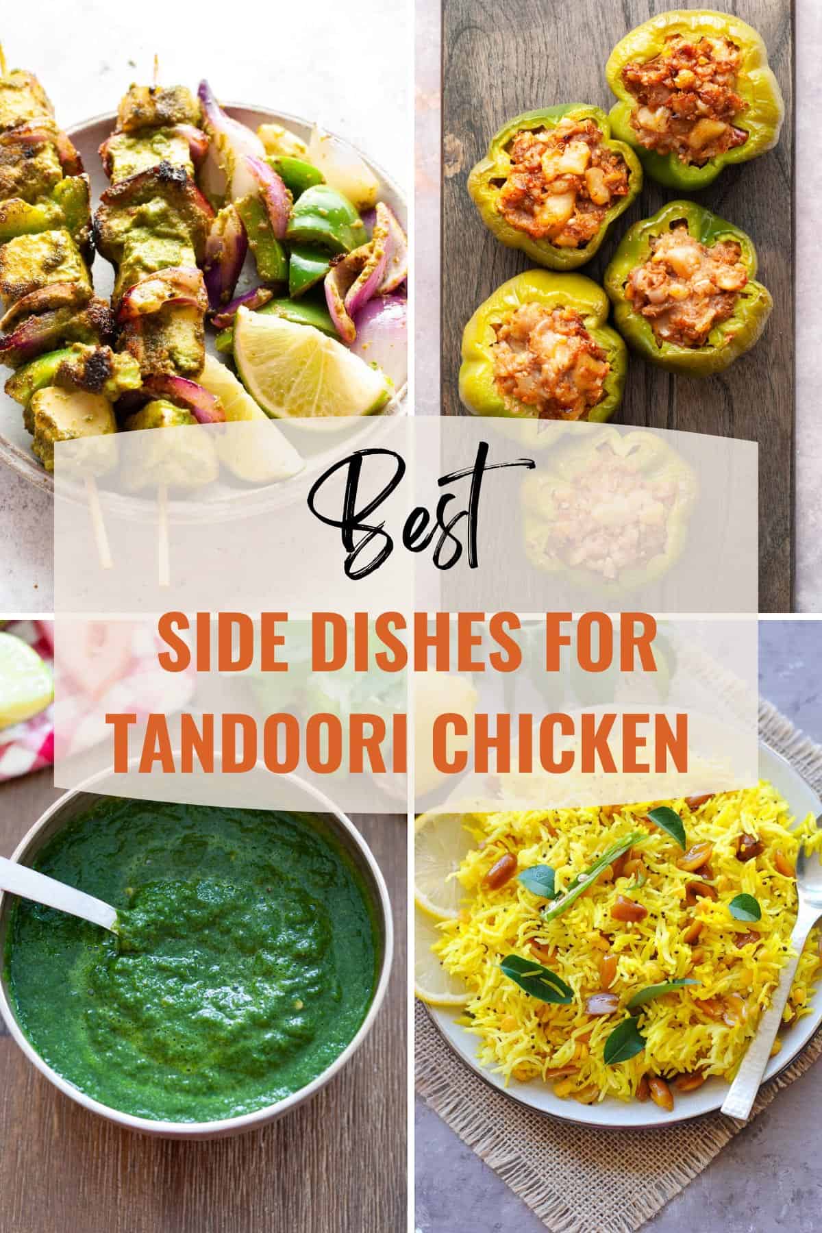 Side dishes for tandoori chicken. Clockwise: hariyali paneer tikka, stuffed capsicum, cilantro chutney, lemon rice. 