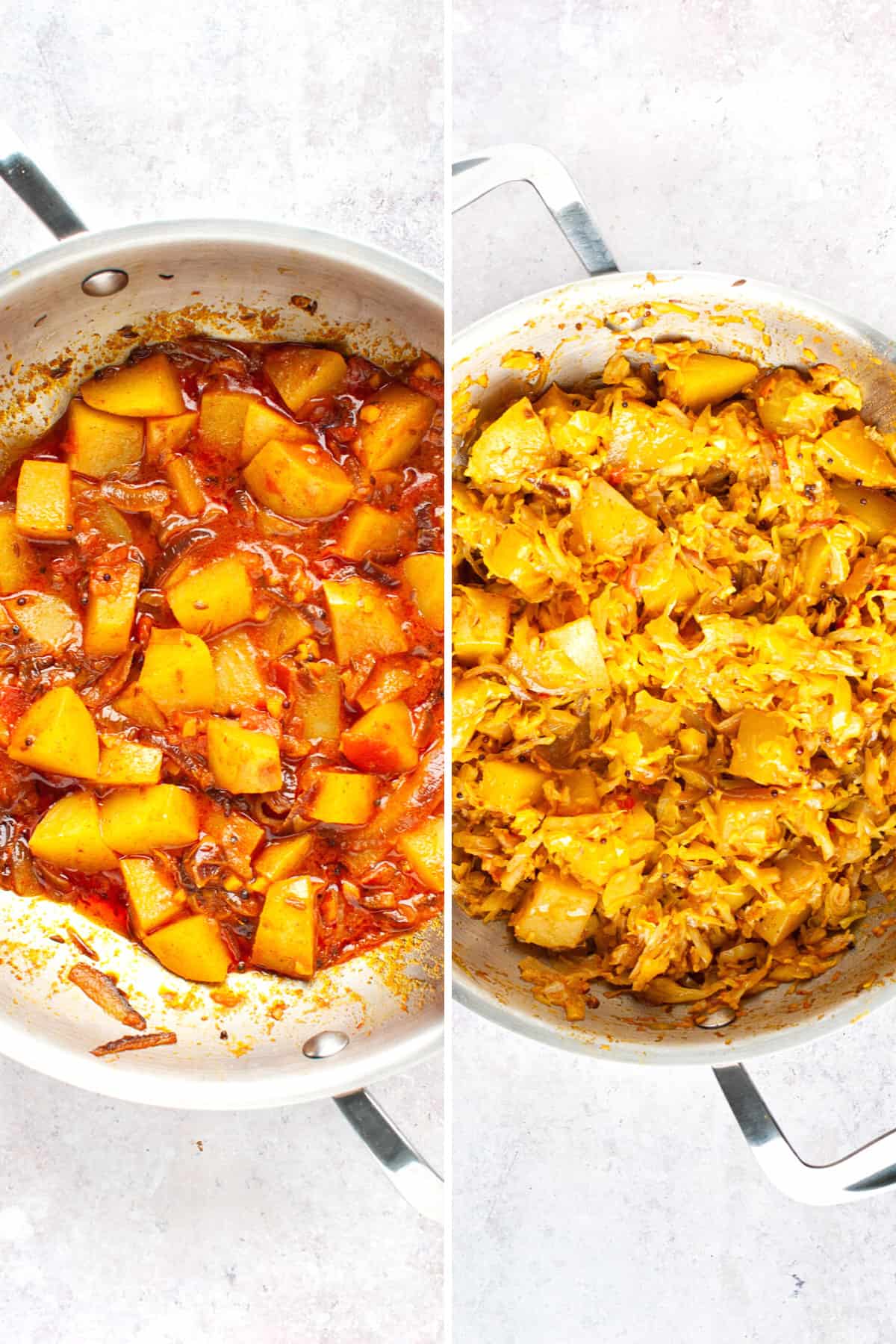 Collage. 1st pic: potatoes cooking in curry masala in wok; 2nd pic: cooked cabbage and potato curry.