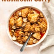 Chicken and mushroom curry in a bowl with a spoon.
