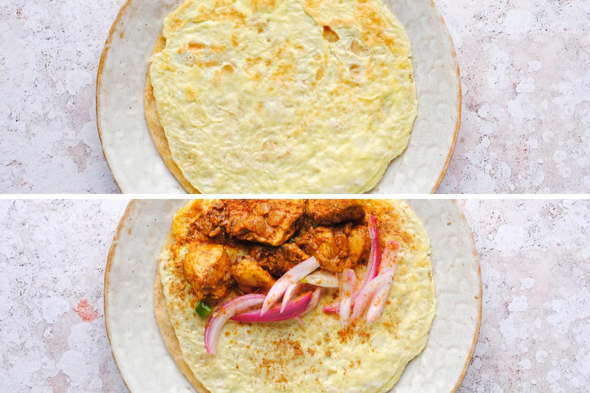 paratha layered with omelette (first image), then filled with chicken frankie filling (second image)