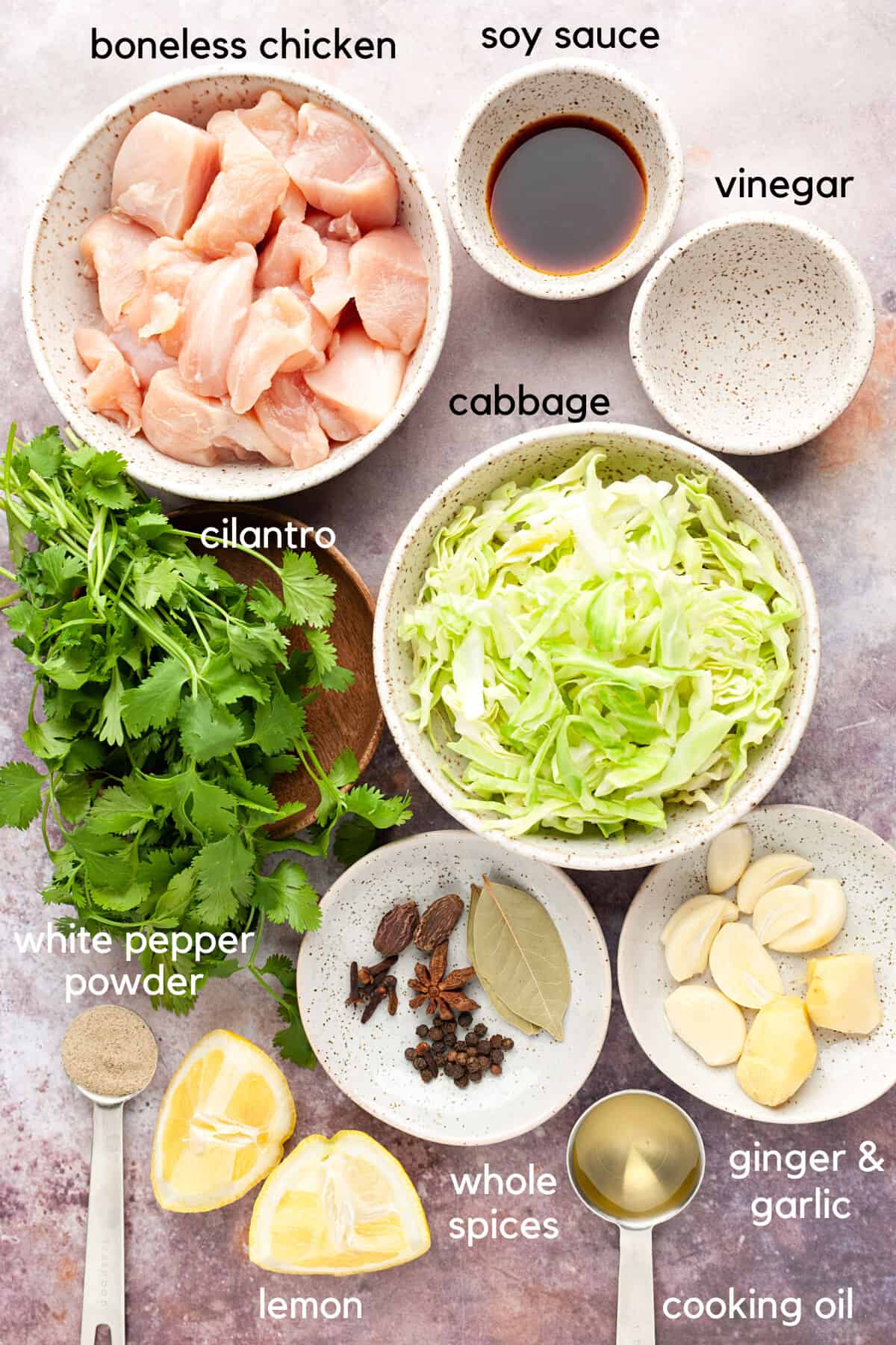 Labelled ingredients for chicken lemon coriander soup.