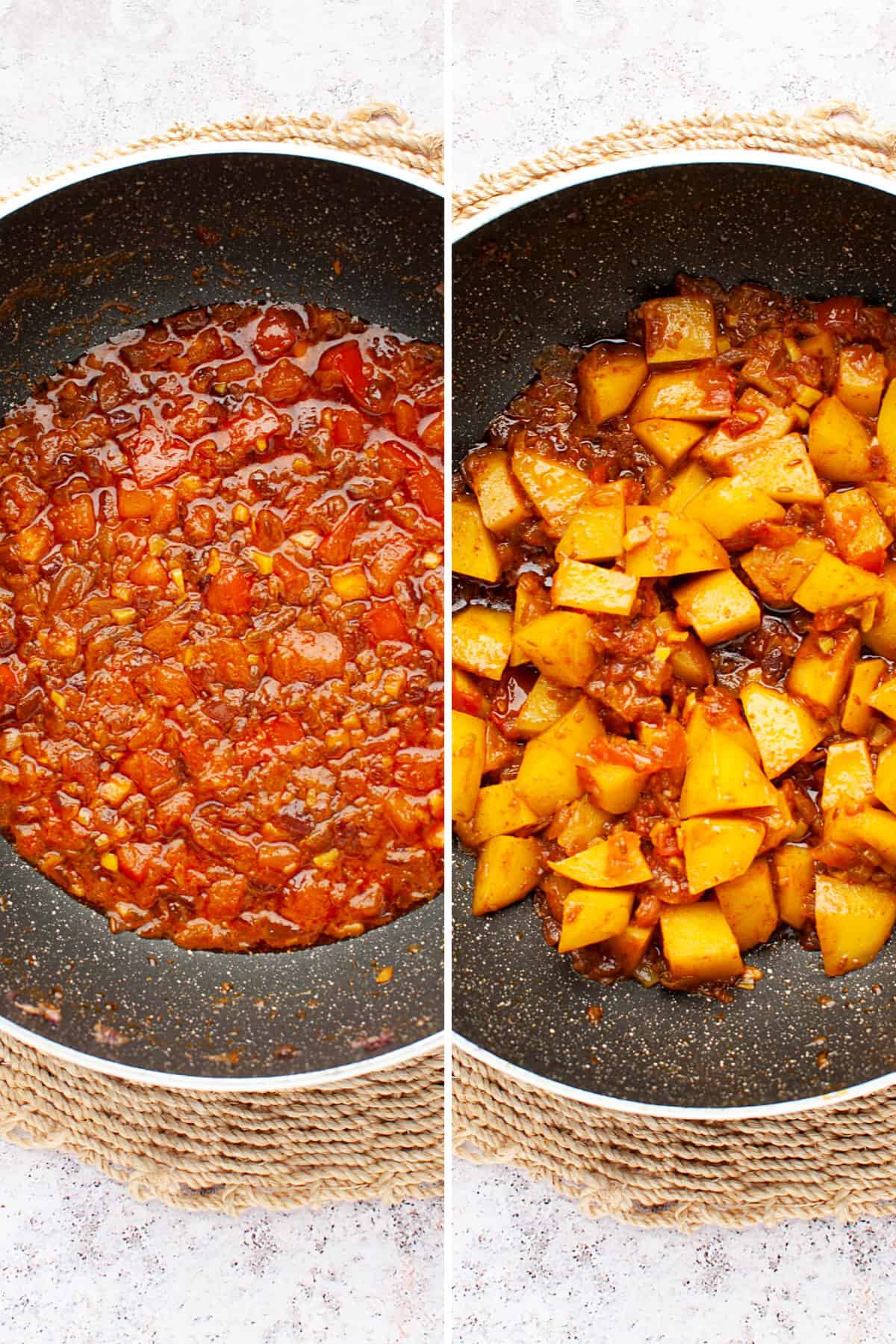 Collage: First image - onion and tomato masala in wok, second pic -potatoes added to the masala in wok.