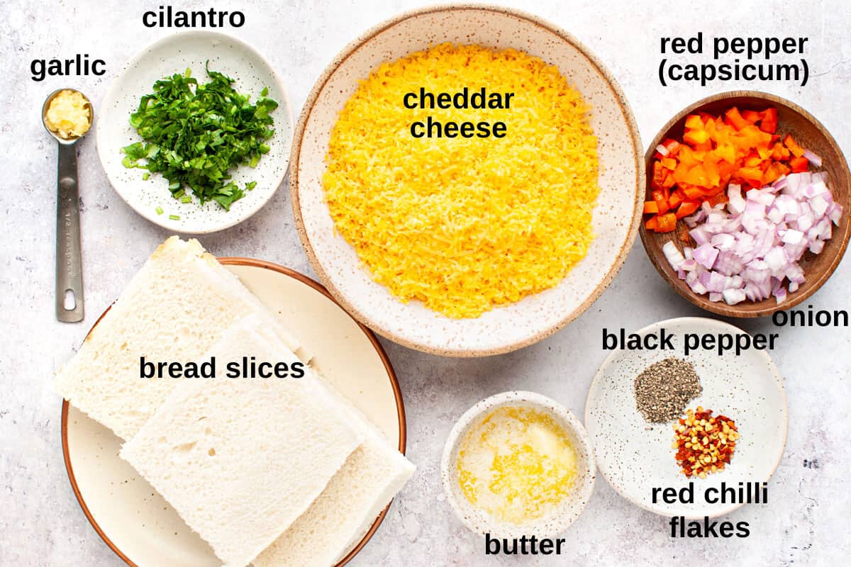 Chilli cheese toast labelled ingredients.