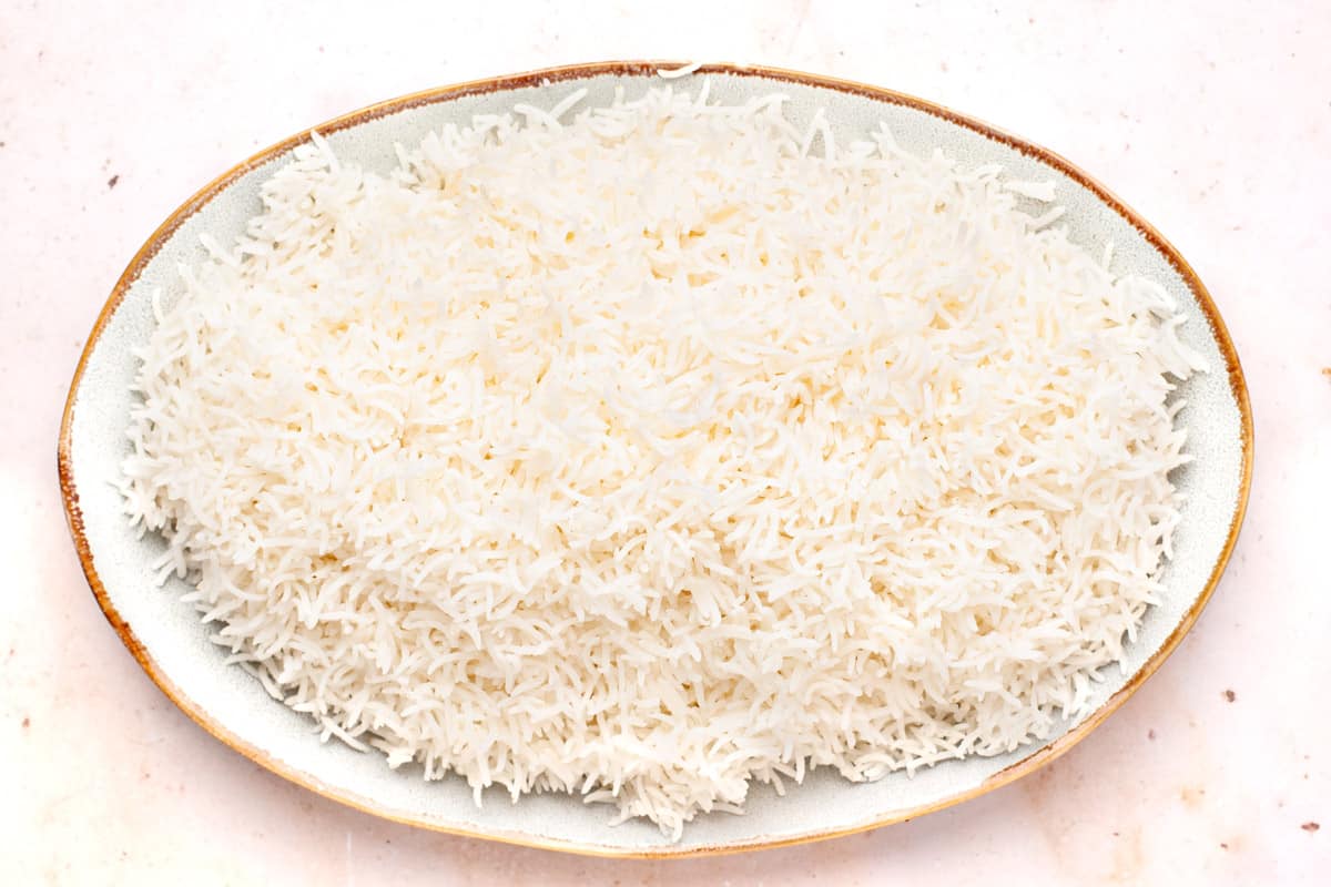 Cooked basmati rice in a platter.